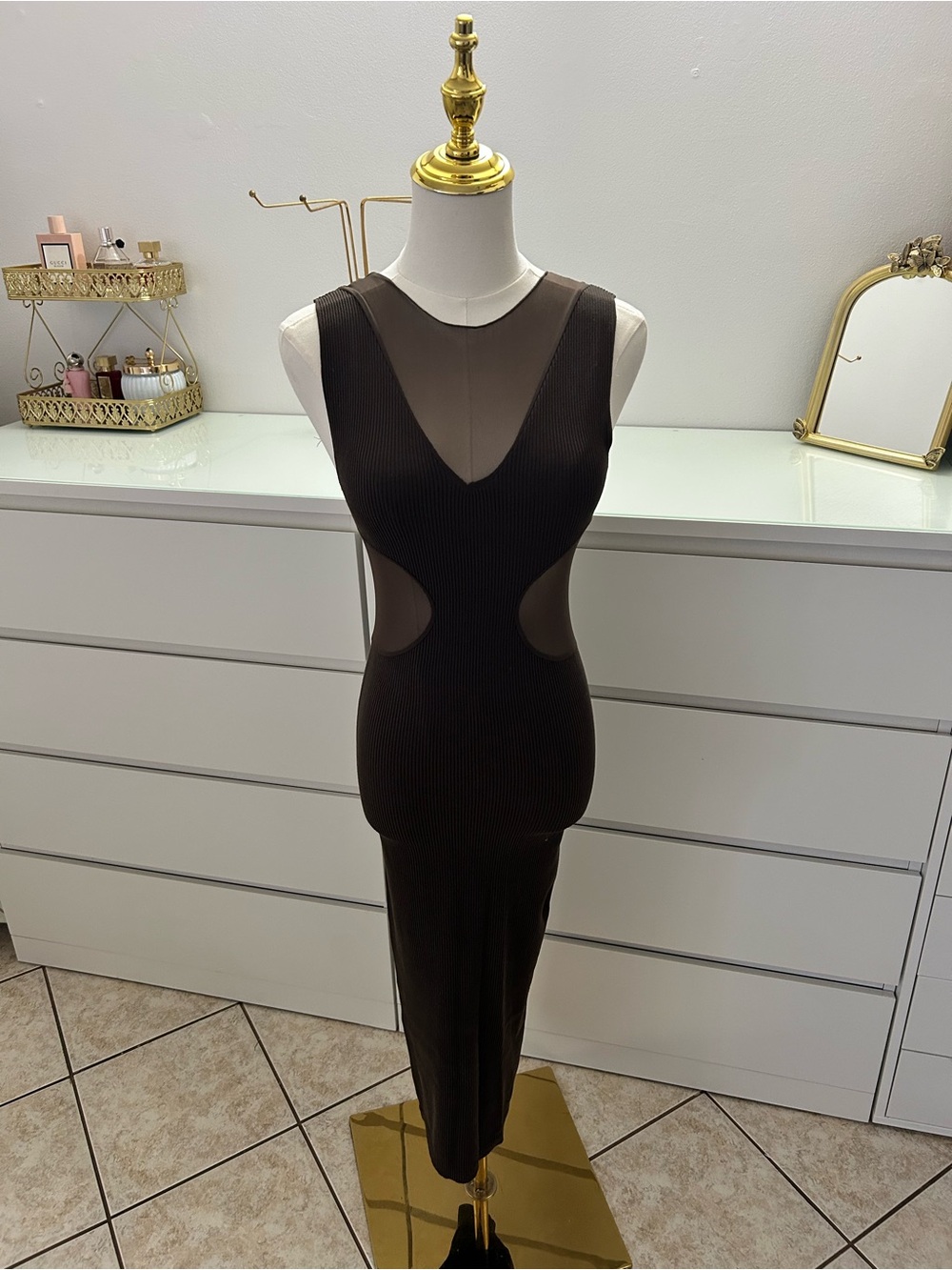 Zara Brown Sleeveless Mesh-Inset Midi Dress